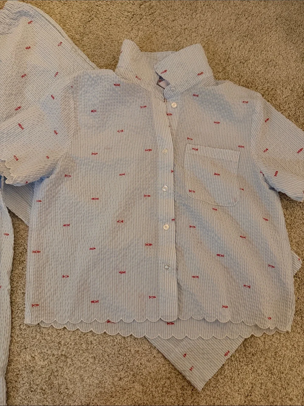3 piece Auden Light Blue Pajama Set with Red Fish Embroidery